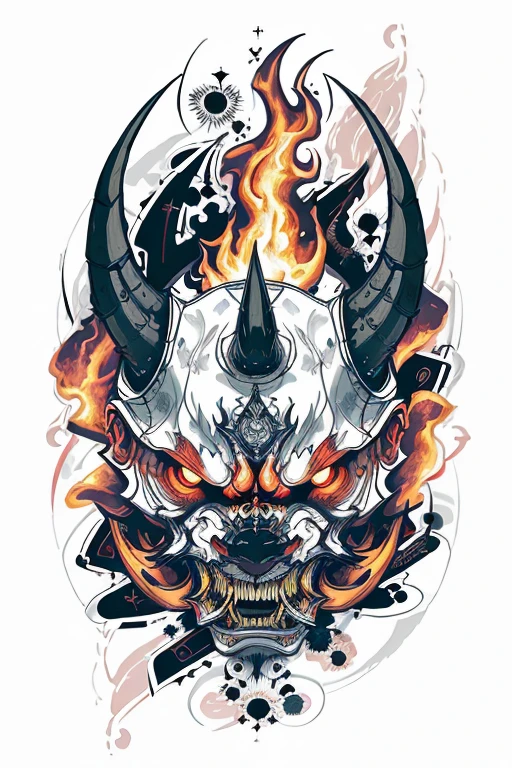 Fire Flame Effect Fine Tattooed White Background Rich in Color，The armored demon opened his mouth and roared ，The special effects of demons, bunten Geistern und Feuern ergeben ein Logo，