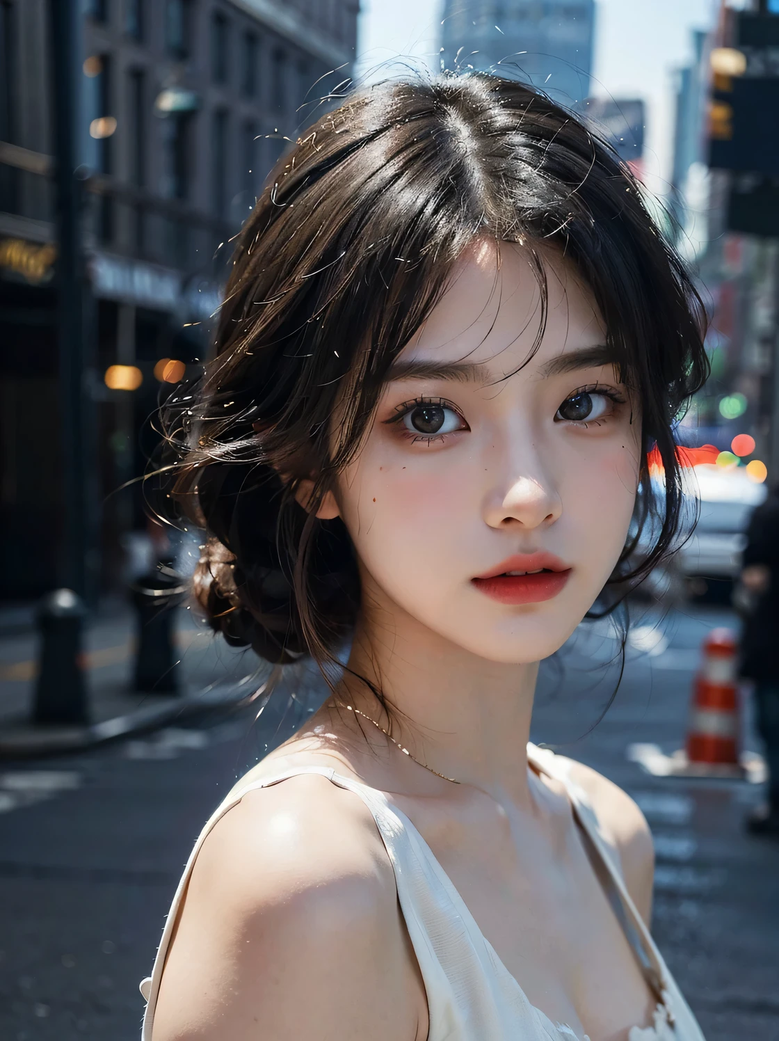 1girl, (looking at viewer:1.2), detail face, (a girl standing, rending on cgsociety, black shadows, streaming, new york backdrop), romanticism, atmospheric, (RAW photo, best quality), (realistic, photo-realistic:1.3), masterpiece, an extremely delicate and beautiful, extremely detailed,