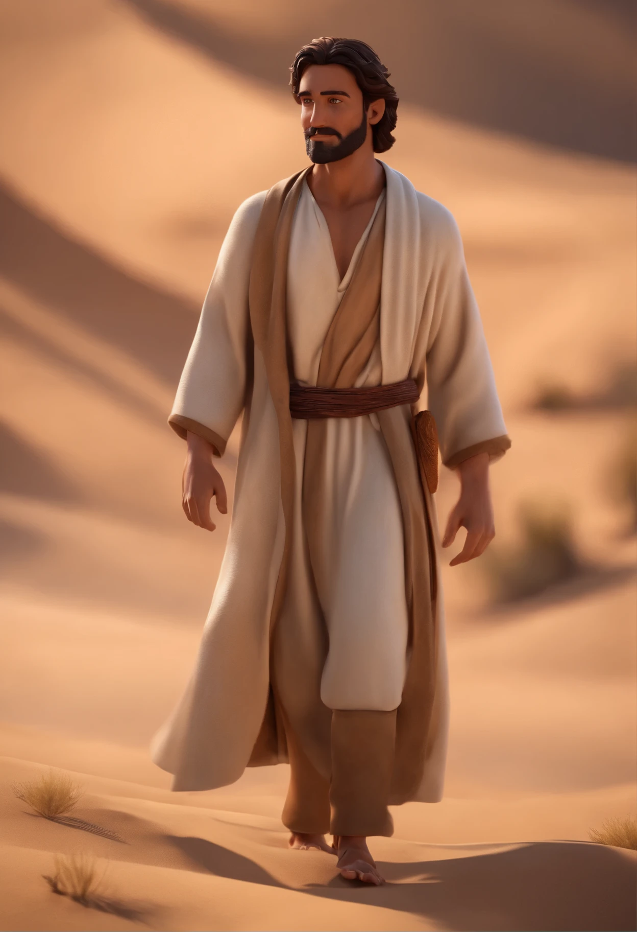personagem de desenho animado de TIAGO DISCIPULO DE JESUS (YOUNG MAN STANDING IN THE DESERT) (simple and modest clothing from the time of Jesus, com manto e bordas) (CABELO RUIVO),animation character, animation style rendering, 3D estilizado, Arnold Maya rendering, toon render screenshot, Personagem 3D, personagem de desenho animado, Pose de personagem, (Estilo Pixar) (parte mestre:1.2) (Bokeh) (melhor qualidade) (pele detalhada) (textura detalhada) (8k) (argila) (cinematic lighting) (sharp focus)