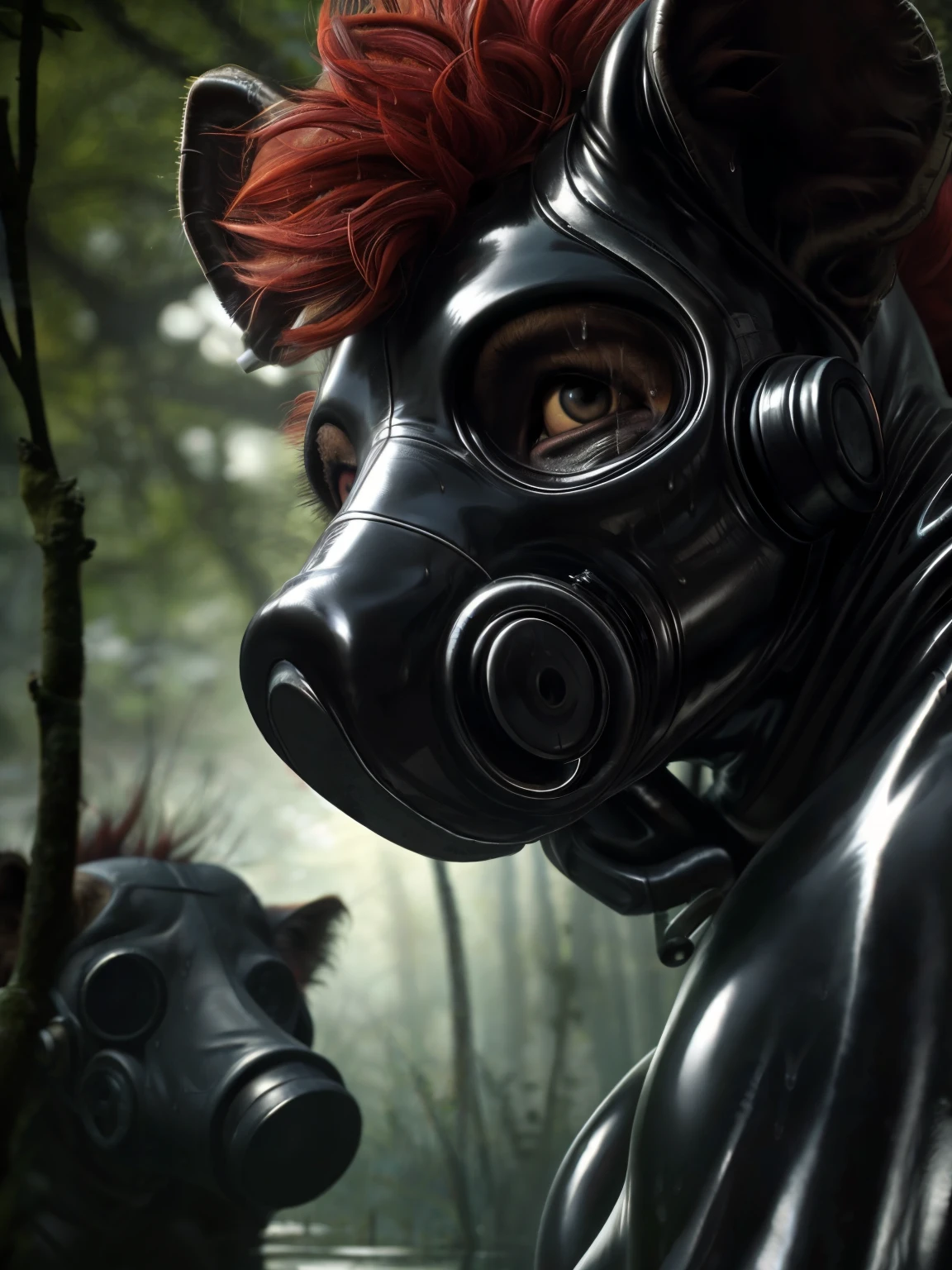 sweat drops, photography, (cool posing:1.1025), hyena, ultra realism shading, sweaty, red hair and eyes, photorealistic, (black latex suit), gas mask, suggestive, (rembrandt:1.1025), huge breasts, (sweaty:1.7), biceps, in love, gas mask covers face so that only the eyes and ears are visible, in a swamp, ((extreme close up)), (low angle camera)