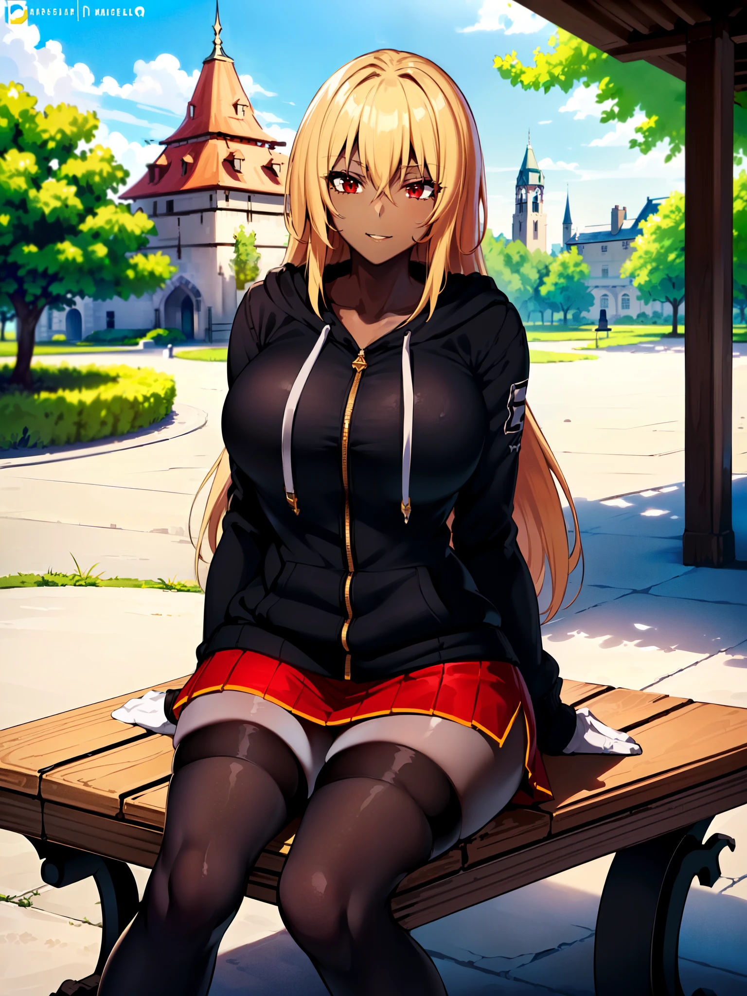 masterpiece, best quality, extremely detailed, 1girl, milf, solo, (dark skin, black skin:2), aaraynare, (huge breasts:1.3), ((((blonde hair), long hair, red eyes))), parted lips, (((wearing hoodie, hooded up, medium skirt, white thighhighs))), ((light smile), closed mouth), ((outdoor, gazebo, sitting, on bench, castle))