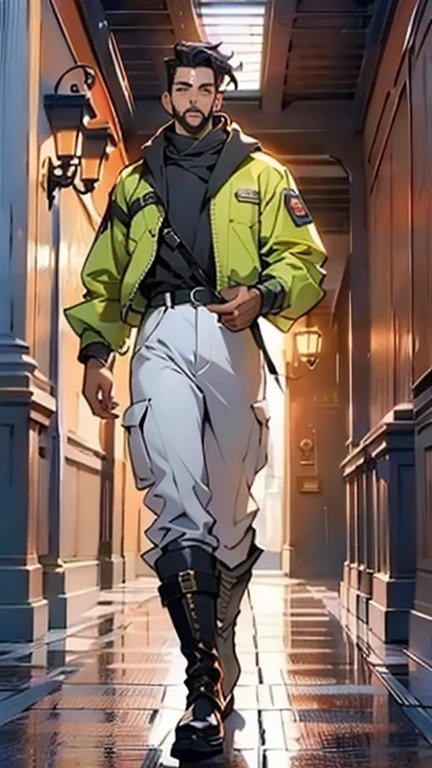 Set against the backdrop of an ancient fantasy-reality setting, um jovem com um corte militar platinado exibe um olhar penetrante e um comportamento confiante. Adorned in a two-piece fusion outfit, seamlessly blending western and eastern influences, He wears a comfortable dark top paired with a vibrant yellow-blue short jacket. Bottom half features loose white utility pants, and his long, sturdy boots echo through the halls of an old-fashioned architectural landscape. The overall aesthetic captures the essence of a refined and mature anime-inspired rogue, symmetrical face, olhos e rosto extremamente detalhados, olhos de alta qualidade, High definition, high resolution, Pintura ultrafina, requintado e maduro, extremamente delicado, profissional, Anatomicamente Correto, criatividade, Ultra HD, HDR, 32K, Luz natural, cinematic lighting, melhor sombra, obra de arte-anatomy-perfect, melhor qualidade, obra de arte, ultra-detalhado
