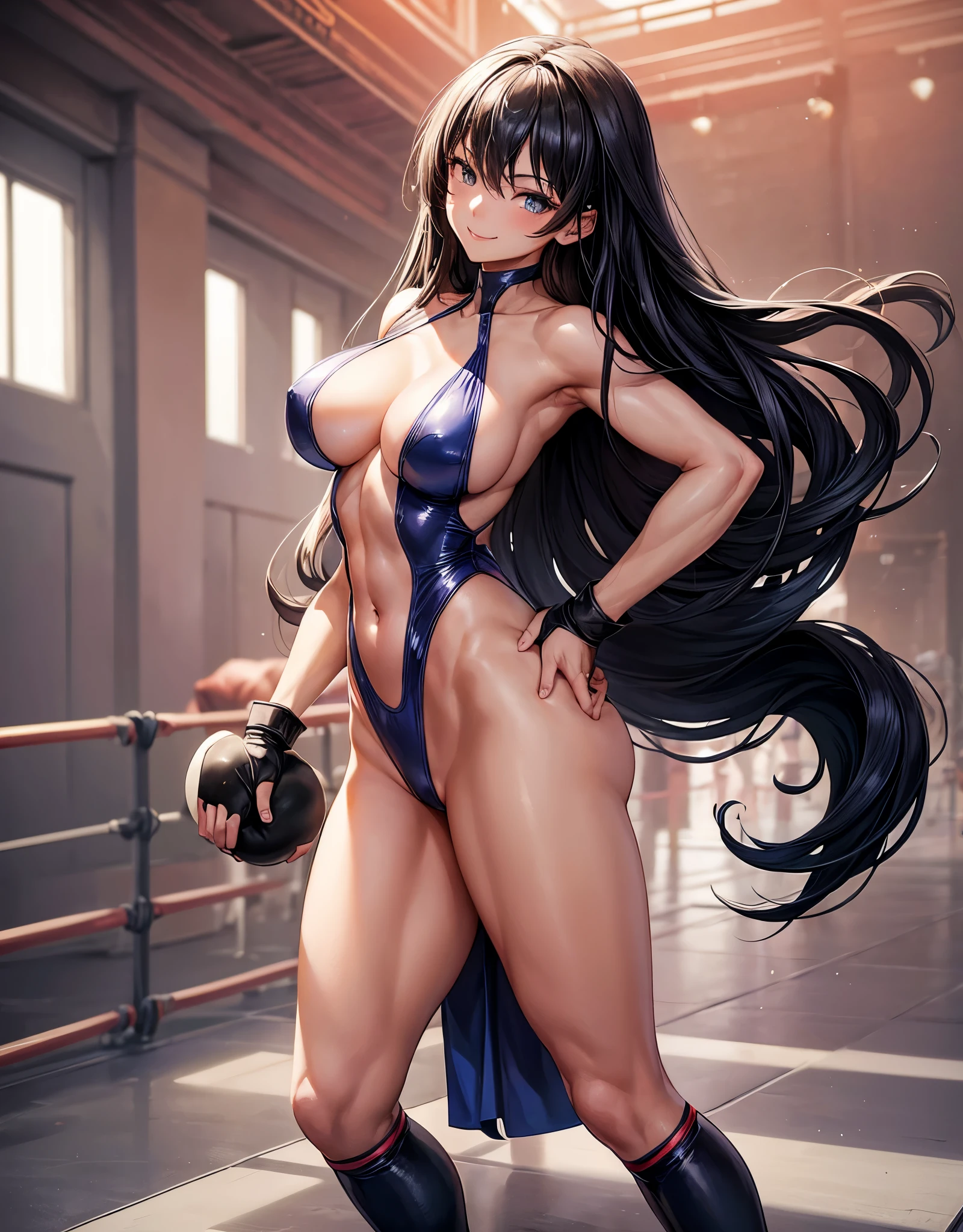 beautiful girl、Fighter、Black Hair、long hair、Big Breasts、sexy、Sexy、A gentle smile、gown、leotard、High leg、Wristband、Gloves、Long shoes、canvaat、On the Ring、Match in the ring、venue、Are standing、The whole body is visible、Abdominal muscles、Fighting Pose、one person、high kick pose