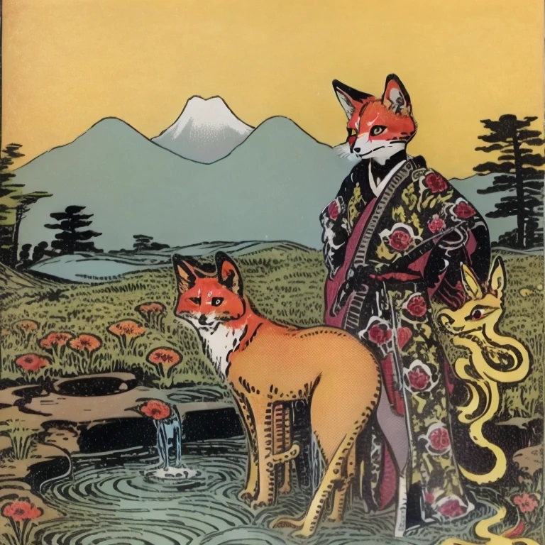 Eine Nahaufnahme einer Katze mit Blumen auf dem Kopf, kitsune mask, Geleitet von: Shiba Kokan, Kitsune-Maske auf dem Kopf, mit Kitsune-Maske, by Kanō Tan&#39;yū, wears a kitsune mask, von Aya Goda, Gato Samurai, Inspired by Kameda Bōsai, Kitsune