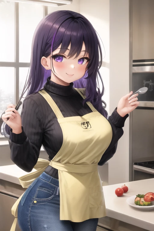 masterpiece, best quality, 1girl, purple hair, long hair, purple eyes, smile, cute, (jeans, sweater, apron:1.2), kitchen, (curvy, slim waist:1.1)