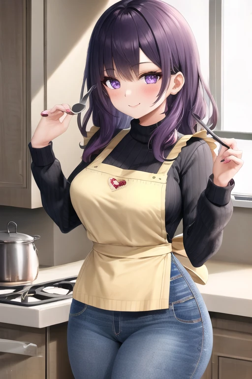 masterpiece, best quality, 1girl, purple hair, long hair, purple eyes, smile, cute, (jeans, sweater, apron:1.2), kitchen, (curvy, slim waist:1.1)
