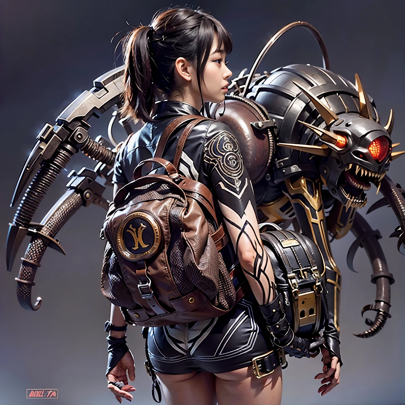 Mechanical Backpack, Demon,Heavily Equipped, Japanese Woman, (Insect Motif Mechanical Body), Very Beautiful, Embarrassed Face, Full Length Shot, Realistic, Photorealistic, Ultra Realistic, Ultra Fine Detail, Ultimately Intricate Detail, Lighting Highlights Machinery, Luster, Cave with Suspicious Vibe