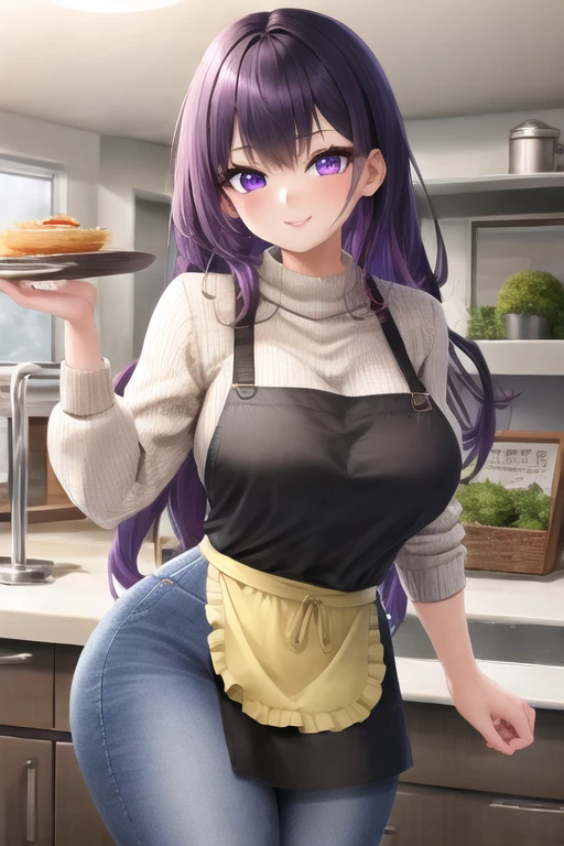 masterpiece, best quality, 1girl, purple hair, long hair, purple eyes, smile, cute, (jeans, sweater, apron:1.2), kitchen, (curvy, slim waist:1.1)