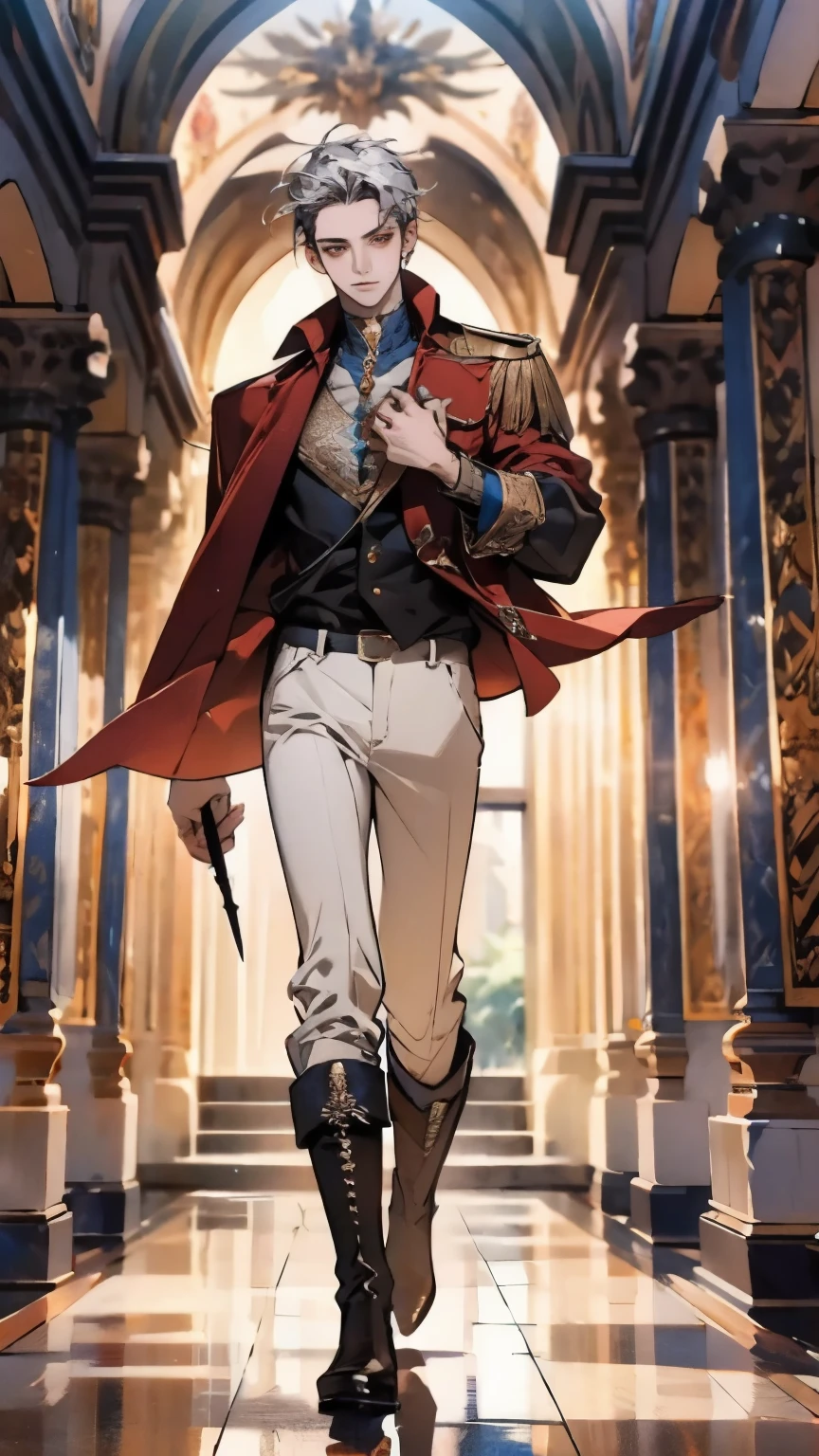 Set against the backdrop of an ancient fantasy-reality setting, um jovem com um corte militar platinado exibe um olhar penetrante e um comportamento confiante. Adorned in a two-piece fusion outfit, seamlessly blending western and eastern influences, He wears a comfortable dark top paired with a vibrant yellow-blue short jacket. Bottom half features loose white utility pants, and his long, sturdy boots echo through the halls of an old-fashioned architectural landscape. The overall aesthetic captures the essence of a refined and mature anime-inspired rogue, symmetrical face, olhos e rosto extremamente detalhados, olhos de alta qualidade, High definition, high resolution, Pintura ultrafina, requintado e maduro, extremamente delicado, profissional, Anatomicamente Correto, criatividade, Ultra HD, HDR, 32K, Luz natural, cinematic lighting, melhor sombra, obra de arte-anatomy-perfect, melhor qualidade, obra de arte, ultra-detalhado