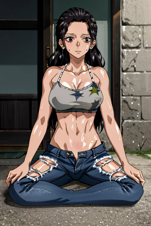 detailed background, masterpiece, 4k, best quality, tan-skinned anime girl lies on the ground, her ribs protruding from her emaciated body. She wears a wrap cami top and jeans, her hunger evident in the sweat beads that cover her skin. Rendered in a gritty, anime style.