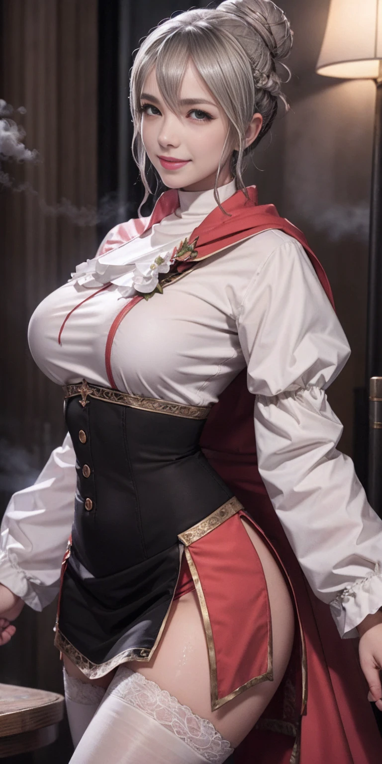 Standing, big breasts, plump, pretty face, thick body, blonde hair, hands covering eyes, seductive expression, showing a happy smile, showing armpits, masterpiece, super mass, 4k quality, high detail, dark elf mother, black nun turban, lace skirt, cleavage, white tights, sweaty, hands on the back of the head, lying on the table, wet transparent clothes, see-through, water vapor, steam from mouth, elevation view, add_detail:1.5