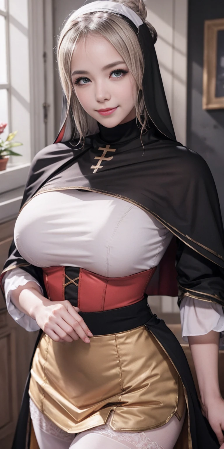 Standing, big breasts, plump, pretty face, thick body, blonde hair, hands covering eyes, seductive expression, showing a happy smile, showing armpits, masterpiece, super mass, 4k quality, high detail, dark elf mother, black nun turban, lace skirt, cleavage, white tights, sweaty, hands on the back of the head, lying on the table, wet transparent clothes, see-through, water vapor, steam from mouth, elevation view, add_detail:1.5