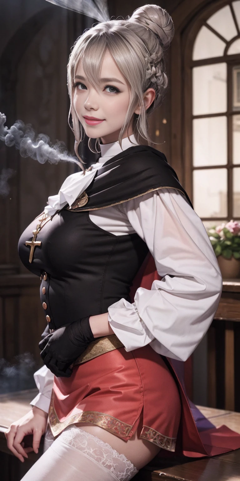 Standing, big breasts, plump, pretty face, thick body, blonde hair, hands covering eyes, seductive expression, showing a happy smile, showing armpits, masterpiece, super mass, 4k quality, high detail, dark elf mother, black nun turban, lace skirt, cleavage, white tights, sweaty, hands on the back of the head, lying on the table, wet transparent clothes, see-through, water vapor, steam from mouth, elevation view, add_detail:1.5