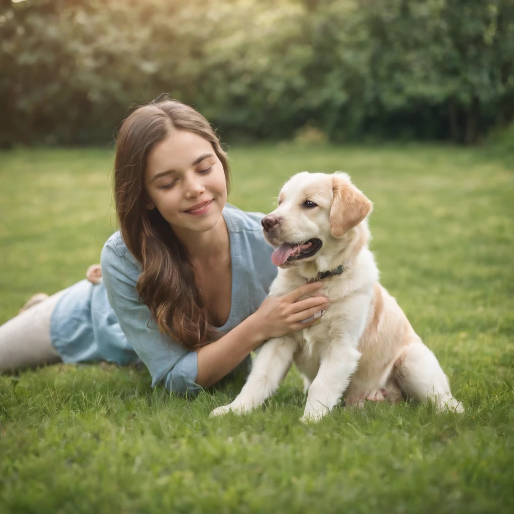 Nice girl playing on garden with her dog 