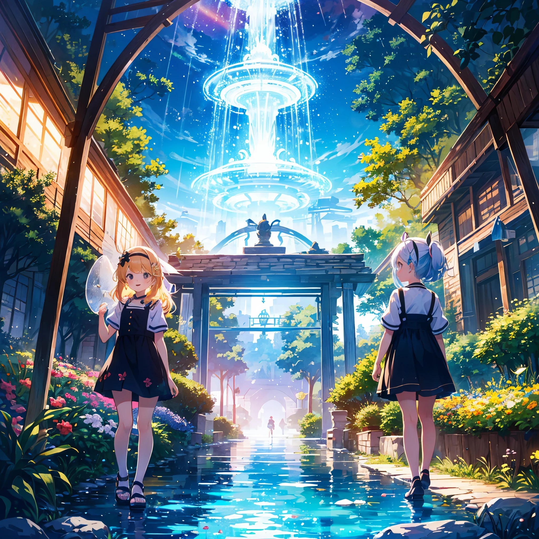 A very beautiful lake (a fantastic atmosphere, (amuse park, wonderland, flower garden: 1. 2), fun, happy, joyful, cheerful, happy, beautiful, flower punk, happy core, bright atmosphere, pastel academia, fairy academia, in a bright and colorful world, (sparkle and translucent: 1. 2), rainbow gradation), 3 girls (2 years old), one piece with a very cute design (flashy and cute hair ornament, sandals), (short arms: 1 year old) semi), round) face, (child: 1.5 years) (hair, surface effects, color effects), small breasts, blonde hair, very long hair tied on the head (hair, surface effects, color effects), very Beautiful atmosphere, girls look very happy, deltamon_sdXL: 0.73>deltamon Translate with DeepL.com (free version),various views