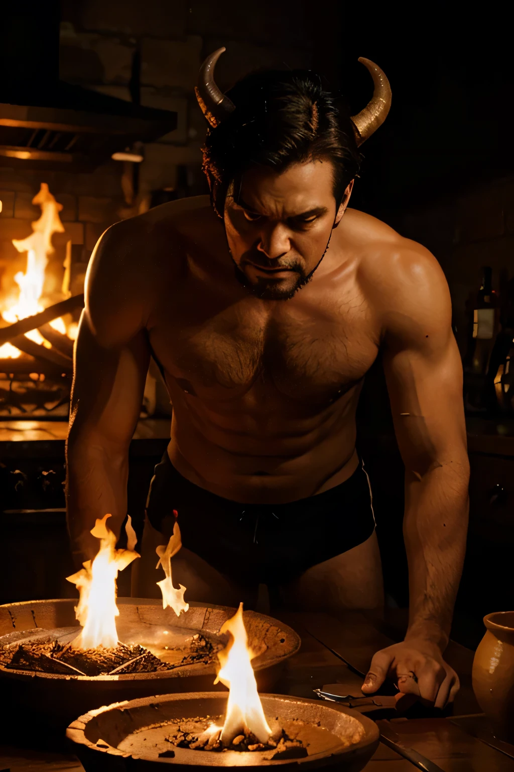 human like man satan very much angry and flames in the background with horns