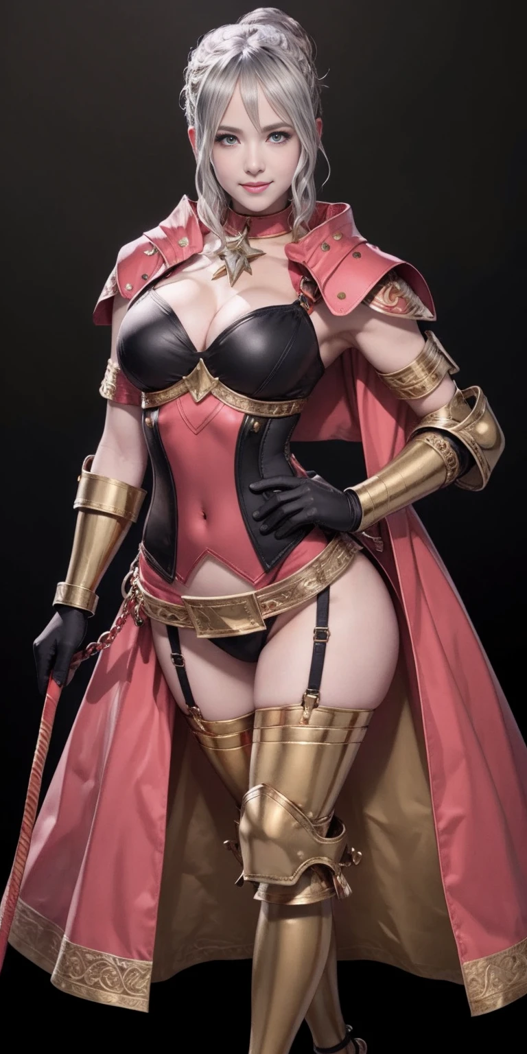 ((BLACK BACKGROUND 1:2, masterpiece)) 1solo female full body MILF BIMBO standing straight symmetrical with two long thighs and two metal sandals, red eyes like rubies, eye focus looking to the viewer, silver white hair, short bob style hair, big knockers breastplate, breastplate, cleavage, tiara royal, long cape up to two feet, yellow bikini (yellow tiger stripes), lustful smirking smiling, smile face (red blushed, red cheeks), pauldrons metal shoulders, gold sleeveless bracelets, separate sleeves, hands on waist hands OR hips, golden bracers, metal handcuffs, leather corset, red loincloth, black leather choker slave collar, shackles bracelets, slave red crest under navel, navel, big belt around waist OR hips, feet together, metal ankle, two long thighs and two metal sandals