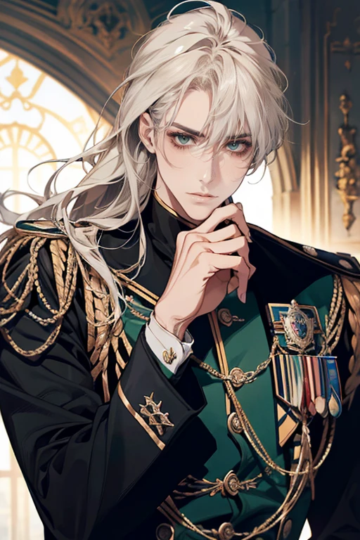 obra-prima, close-up de um homem, ele tem cabelo preto curto com franja macia (parte da franja no lado 3:Proportion 7), (olhos verdes), Olhar frio, olhos afiados, rosto severo, aristocratic appearance, Fundo, white Fundo, homem mais alto, 36 anos, wearing Police Chief uniform, Police Chief, homem uniforme policial, Qualidade HD, man Police Chief, masculine, tough