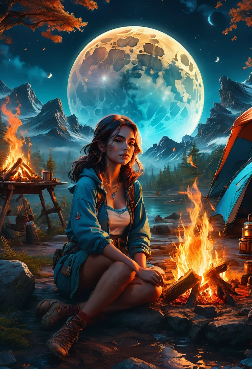 1girl, Campfire, aesthetic, Camping under a double moon, detailed matte painting, deep color, fantastical, intricate detail, splash screen, complementary colors, fantasy concept art, 8k resolution trending on Artstation Unreal Engine 5