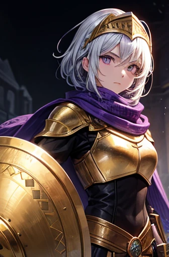 A female knight holding a gold round shield Black Armor Purple Eyes A scarf with embroidery Eye patterned visor