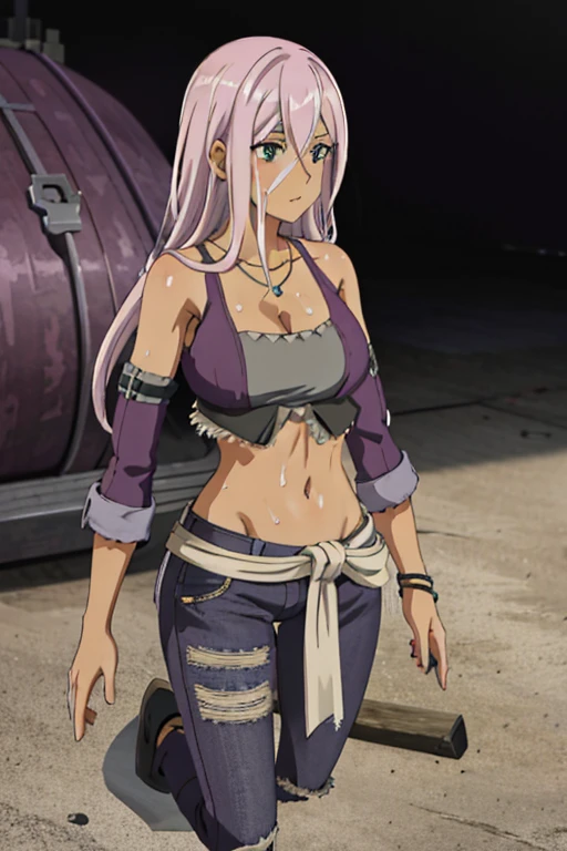 detailed background, masterpiece, 4k, best quality, tan-skinned anime girl lies on the ground, her ribs protruding from her emaciated body. She wears a wrap cami top and jeans, her hunger evident in the sweat beads that cover her skin. Rendered in a gritty, anime style.