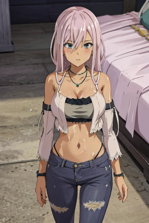 detailed background, masterpiece, 4k, best quality, tan-skinned anime girl lies on the ground, her ribs protruding from her emaciated body. She wears a wrap cami top and jeans, her hunger evident in the sweat beads that cover her skin. Rendered in a gritty, anime style.