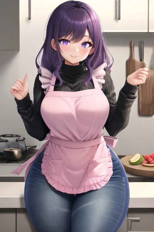 masterpiece, best quality, 1girl, purple hair, long hair, purple eyes, smile, cute, (jeans, sweater, apron:1.2), kitchen, (curvy, slim waist, thick thighs:1.1)