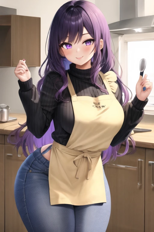 masterpiece, best quality, 1girl, purple hair, long hair, purple eyes, smile, cute, (jeans, sweater, apron:1.2), kitchen, (curvy, slim waist, thick thighs:1.1)