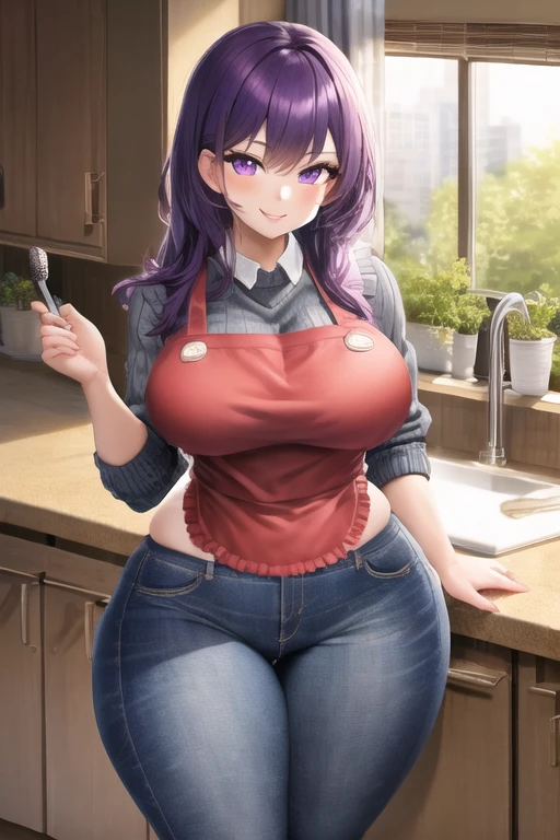 masterpiece, best quality, 1girl, purple hair, long hair, purple eyes, smile, cute, (jeans, sweater, apron:1.2), kitchen, (curvy, slim waist, thick thighs:1.1)