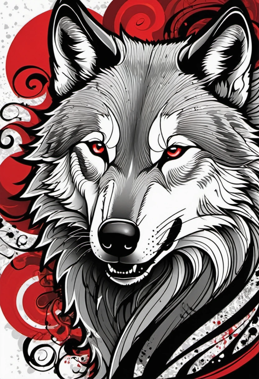 (Graffiti-Comic-Illustration:1.3), wolf, stilvoll, mainly white with black and red elements, komplizierte Details, feine Pinselstriche, fine with delicate rich coloring, good quality, Absurd resolution, natural glow, Tonwertkontrast, bei Hintergrundaufforderung, crazy element background with details, Dark-Fantasy-Stil, wild touch, wrapped in a swirl of rich colors,