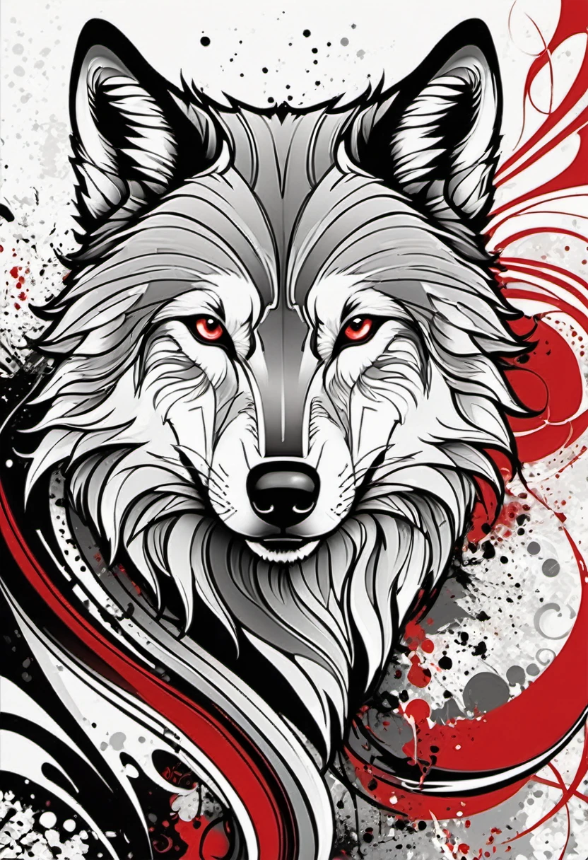 (Graffiti-Comic-Illustration:1.3), wolf, stilvoll, mainly white with black and red elements, komplizierte Details, feine Pinselstriche, fine with delicate rich coloring, good quality, Absurd resolution, natural glow, Tonwertkontrast, bei Hintergrundaufforderung, crazy element background with details, Dark-Fantasy-Stil, wild touch, wrapped in a swirl of rich colors,