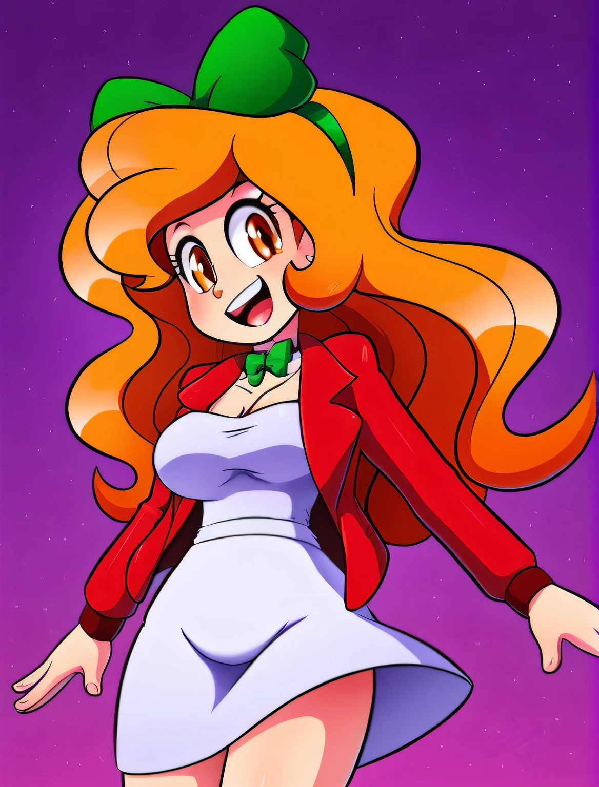 a tall girl happy relaxed long thick wavy hair strong orange her eyes purple she dresses in a white shirt wearing a short red jacket wearing a bow Green ribbon collar and a tight purple miniskirt wearing a leg elegant pink boot