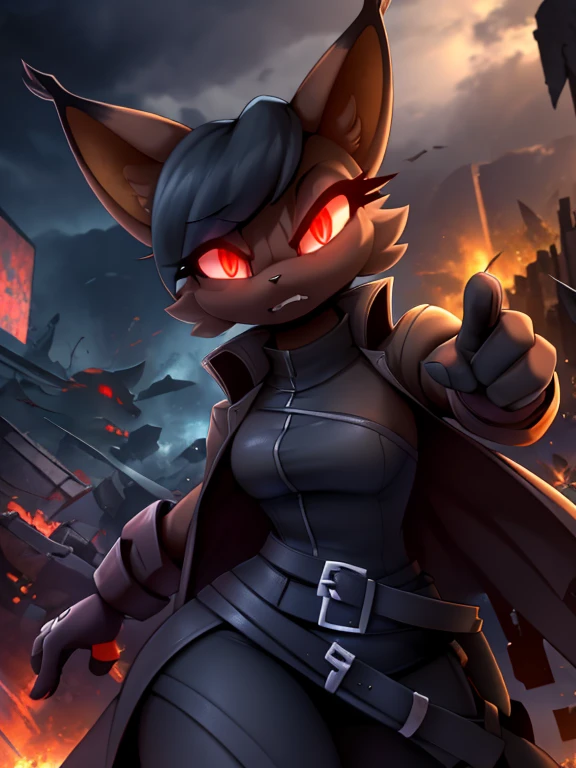 1 girl, 8k, artstation, ((masterpiece)), depth of field, face portrait, (cat ears), very shadowy, glowing red eyes, darkness, nighttime, very dark, emerging from darkness, angry expression, (action shot), cinematic, fingerless gloves, trench coat, distant explosions, ruined cityscape, ruins background, pointing towards viewer, pointing upwards