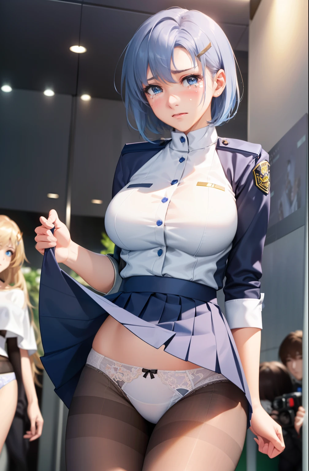 One Girl, Shiny skin, 最high quality, (Game CG:1.4), Browsing Caution, Beautiful face and eyes in every detail,Big Tits、Small lingerie, Severe, Big ample breasts、((最high quality)), (Very detailed), (Very detailed CG 統合 8k 壁紙), Very detailed, High resolutionのRAWカラー写真, Professional photography,from the front, (((White lace sheer panties)))、I can see your face、(((A regretful look))),(((Embarrassed face)))、(((Are crying)))、(((Anguished expression)))、Glaring, Angry、(((Her white panties are visible through the)))、((White underwear pattern))、Dancing、((((She is embarrassed that the audience has seen her panties))))、 (((She forgot to put on her underwear so her underwear was completely visible))), (((The audience is happy to see her panties))), (((A crowd of spectators point their cameras at her panties))), ((Nipples are visible))、Full Shot、(((Her skirt is flipped up))),(born, 最high quality, masterpiece:1.5), (Realistic, Intricate details:1.2), 超High resolution, (high quality, High resolution, The finer details), alone, Curvy Women, blush, Sweat, Oily skin, Shallow depth of field,(masterpiece、最high quality、High resolution、Unity 8k wallpaper、Very detailedCG:1)、(Awareness-raising:1.0)、One Girl、最high quality、8Kmasterpiece、((software)), ((multiple girls)), (18-year-old female, Beautiful detailed woman, policewoman),( Blue Hair),(short hair),White and thin uniform,Blue micro mini skirt), ((With a shy look:1.5)), Huge breasts, Hard nipples, Slim Waist, Thick thighs, Ultra mini skirt, ((Black Pantyhose)), (((I'll lift my skirt to show you my pantyhose))), ((Leg spread)), (Please open your legs),, look down,((Skirt Lift)),(((Boldly flip up the skirt)))