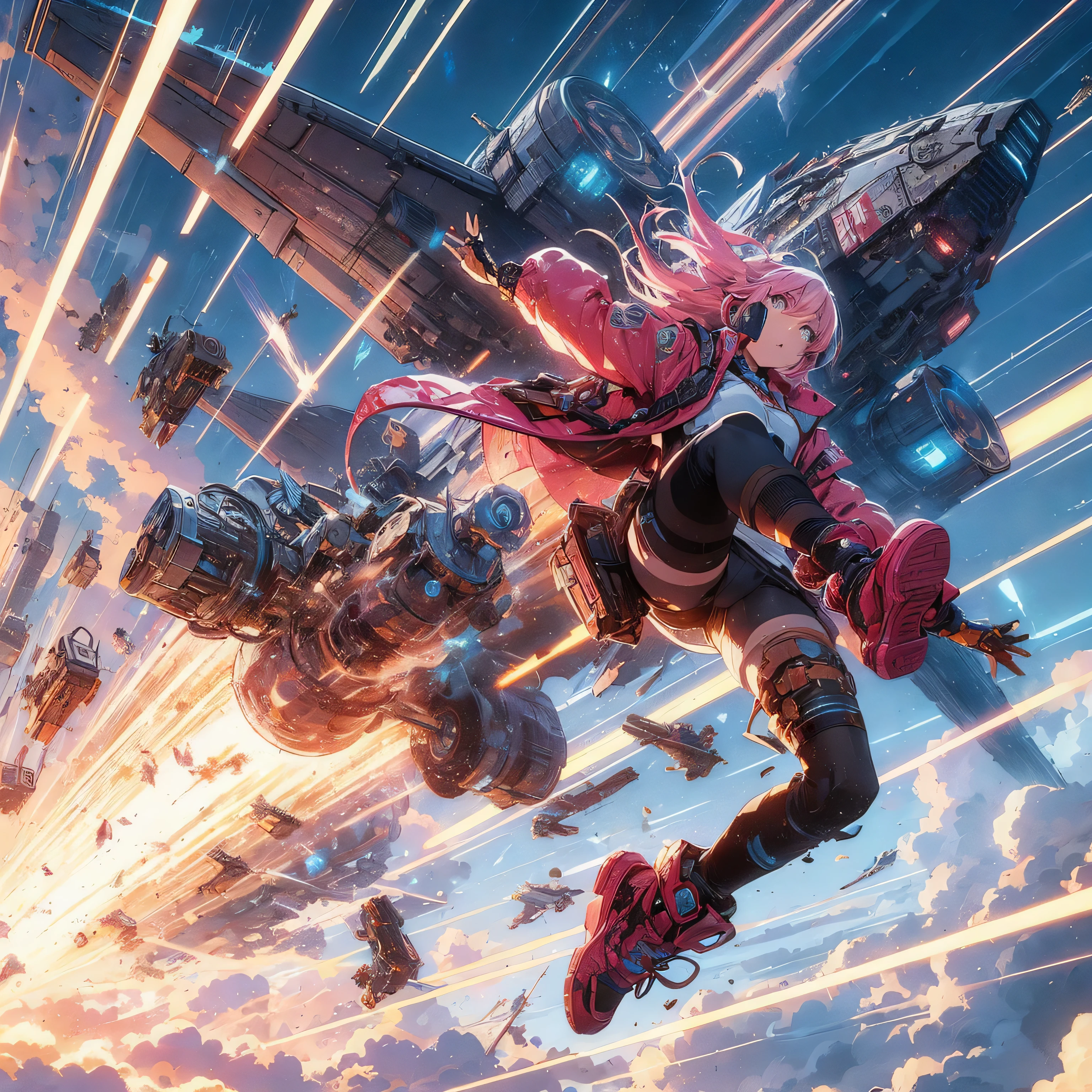 Sci-Fi style anime illustration, atmosphere, rough and intense illustration of Apocalypse Pink-chan, a 20-year-old character, jumping high in the sky on a mecha skateboard. The background depicts a mecha air-surfing high in the sky and a dynamic jump to the sky with elements of breakdancing. The images are dynamic and dynamic angles from below, using thick, exaggerated lines and brush strokes to highlight the accelerated speed and accelerated shockwaves, gravitational pulls,