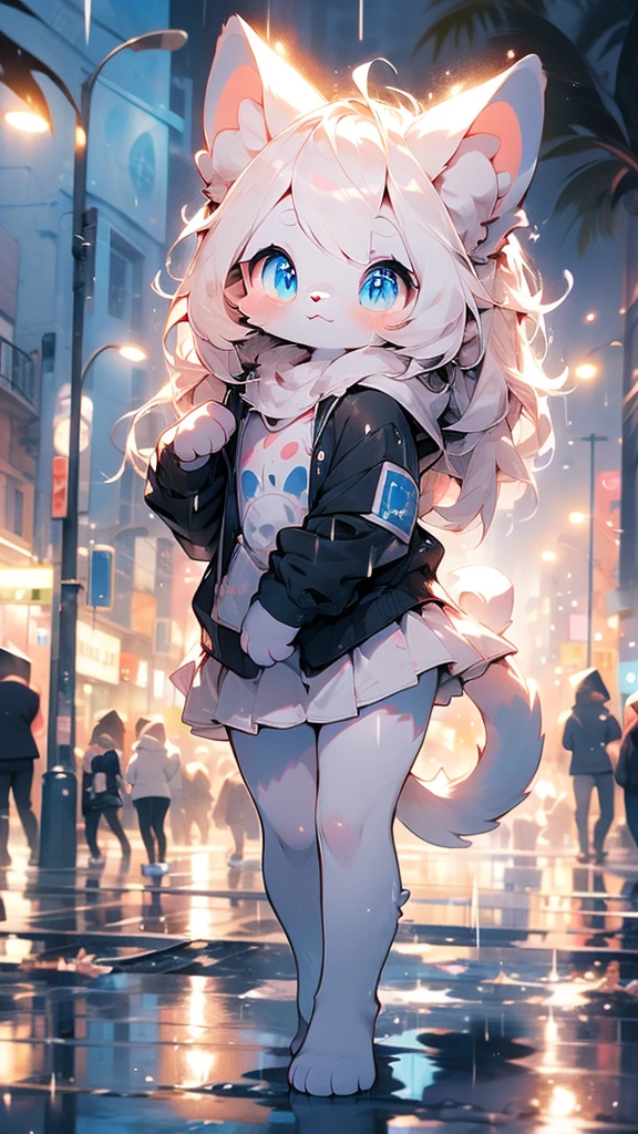 Solitary, Ultra Detailed, Pretty and beautiful, fair, masterpiece, best quality, Calming color palette, peaceful mood, Pastel tones,kitten，White fluff，Fluffy white ears white tail，blush blush，HD Wallpapers，16k resolution，Deep, powerful blue eyes，fluffy tail，Pink cat ears，Plush body，paw,furry,Fluffy all over，Long legs，blush,rain，White miniskirt，Wet