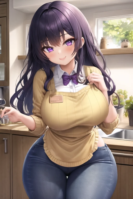 masterpiece, best quality, 1girl, purple hair, long hair, purple eyes, smile, cute, (jeans, sweater, apron:1.2), kitchen, (curvy, slim waist, thick thighs, wide hips:1.1)
