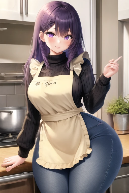 masterpiece, best quality, 1girl, purple hair, long hair, purple eyes, smile, cute, (jeans, sweater, apron:1.2), kitchen, (curvy, slim waist, big breasts, bursting breasts, bottomheavy, huge ass, massive thick thighs, insanely wide hips:1.1)