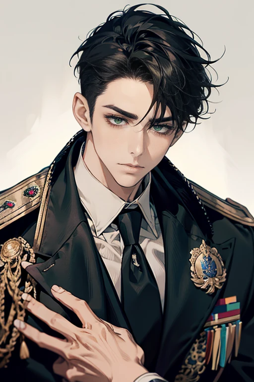 masterpiece close-up shot of a man, he has short black Quiff hair with Soft Fringe (bangs part on side 3:7 ratio), (green eyes), cold look, sharp eyes, stern face, aristocratic appearance, background, white background, taller man, 36years old, wearing police chief uniform, police chief, man police uniform, HD quality, man police chief, masculine, badass