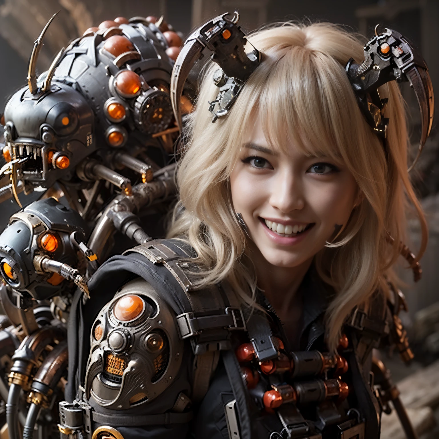 Mechanical backpack, demons, reinforced exoskeleton with insect references, heavy equipment, Japanese woman, very beautiful face, double teeth, fangs, canine teeth, smiling face, blond hair, full body shot, photorealistic, realistic, ultra realistic, ultra detailed, ultimate intricate detail, lighting highlighting machinery, glossy, cave with a suspicious atmosphere