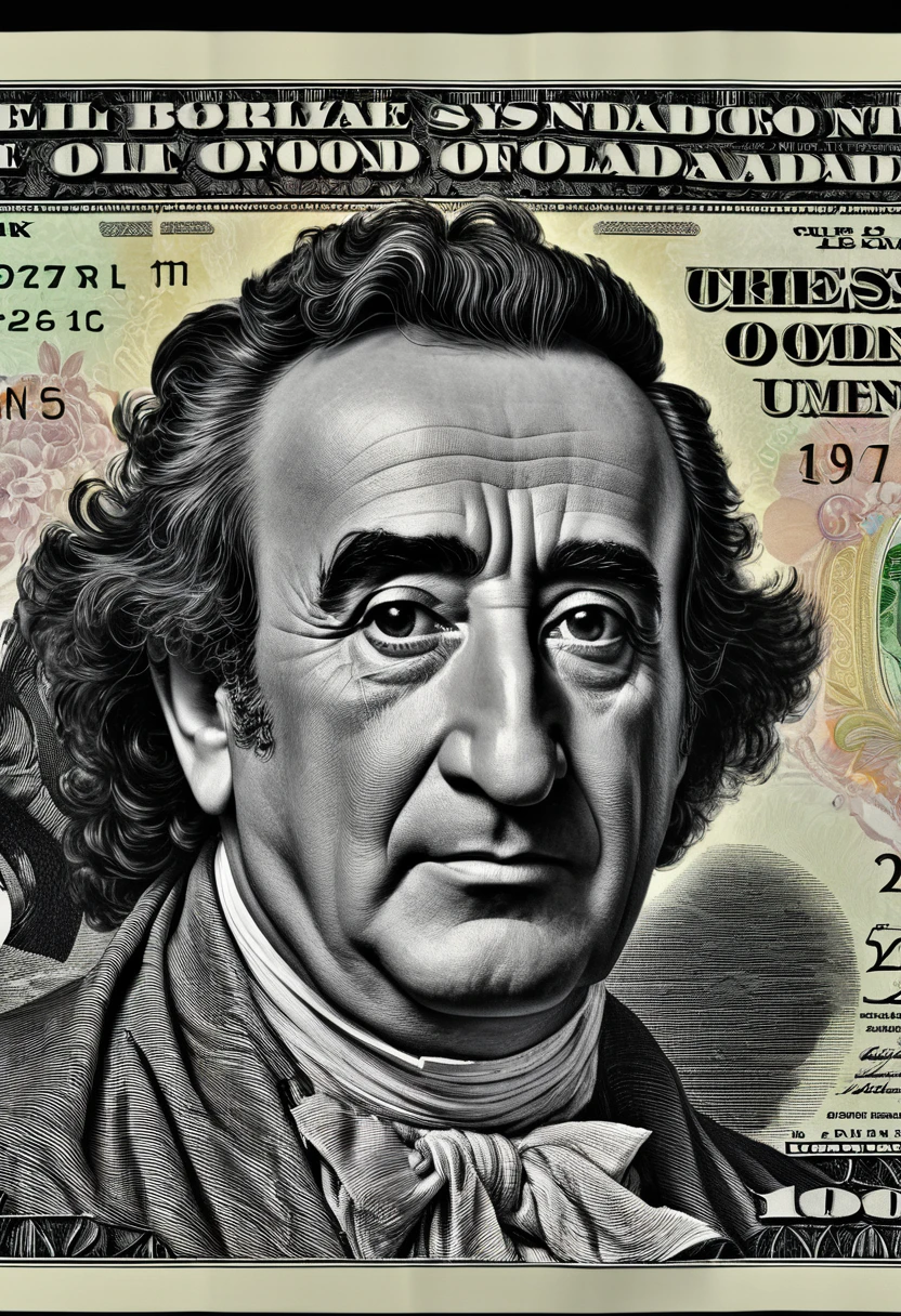Generates a professional 8k UHD photograph of a 100 dollar bill where the main figure on the bill is the face of Roberto Gómez Bolaño, a masterpiece, the bill is spread out on a table