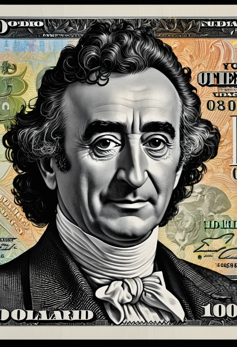 Generates a professional 8k UHD photograph of a 100 dollar bill where the main figure on the bill is the face of Roberto Gómez Bolaño, a masterpiece, the bill is spread out on a table