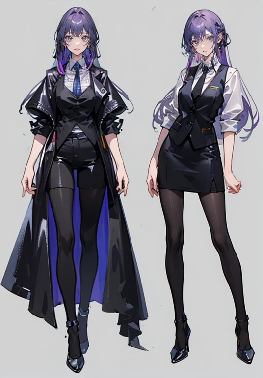((Perfect Face)),Purple Hair,voluminous long hair,1 female,bartender,suit,Black vest,Shirt with rolled up sleeves,tie,slit,High heels,,((Simple Background)),smile,((whole body)),((whole body)),Portraiture,virtual,upright,,Both arms are down,Standing upright with face and body facing forward,