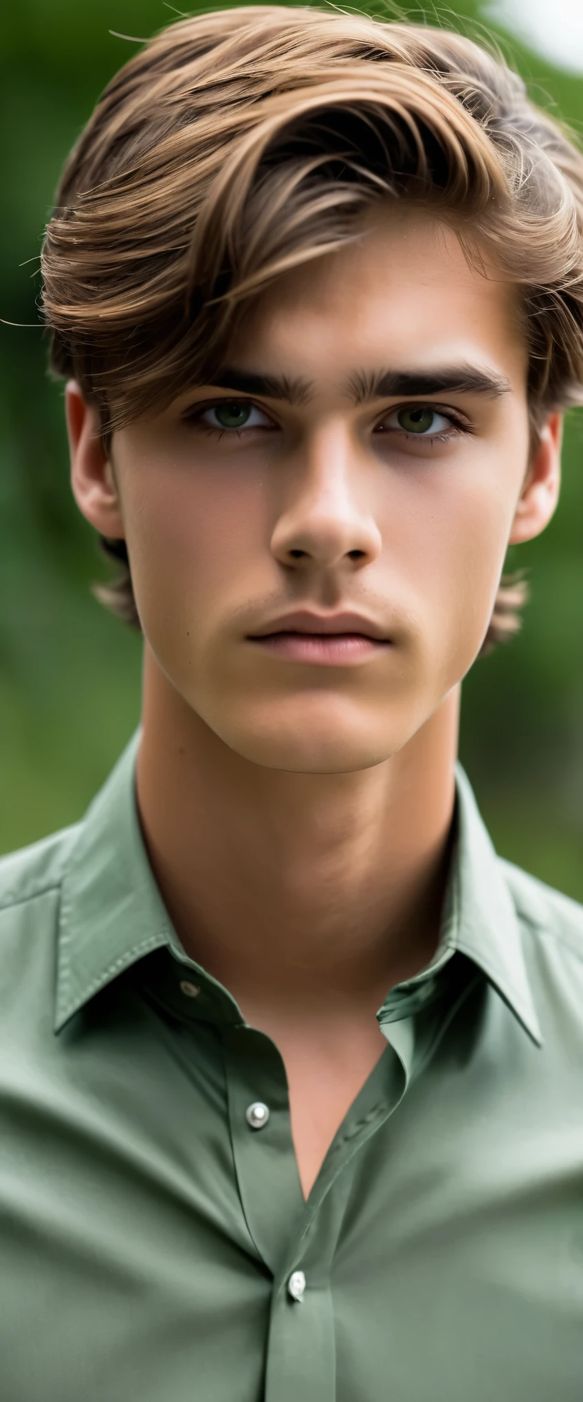 20 year old man, Light brown hair, ojos verdes, atractivo, cuerpo medio musculoso, camisa formal, mirada triste y fondos oscuro brillante 