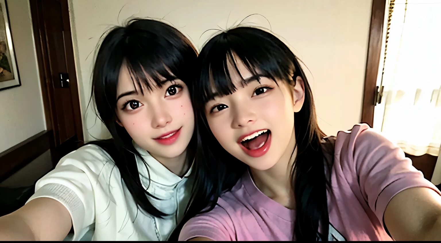 realistic, 2 women, selfie, mouth wide open, tongue out pose, face zoom, look up, , sitting, background bedroom