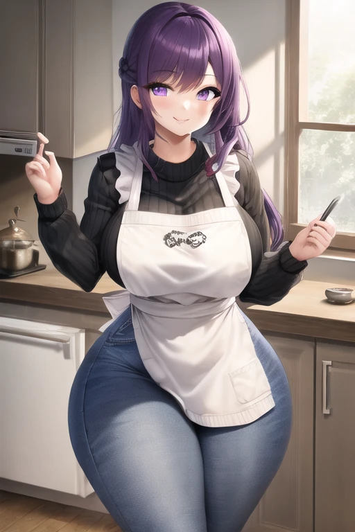 masterpiece, best quality, 1girl, purple hair, long hair, purple eyes, smile, cute, (jeans, sweater, apron:1.2), kitchen, (curvy, slim waist, bottomheavy, thick thighs, wide hips:1.1)