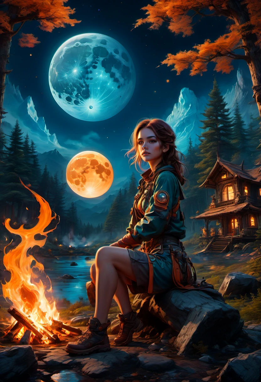 1girl, Campfire, aesthetic, Camping under a double moon, detailed matte painting, deep color, fantastical, intricate detail, splash screen, complementary colors, fantasy concept art, 8k resolution trending on Artstation Unreal Engine 5