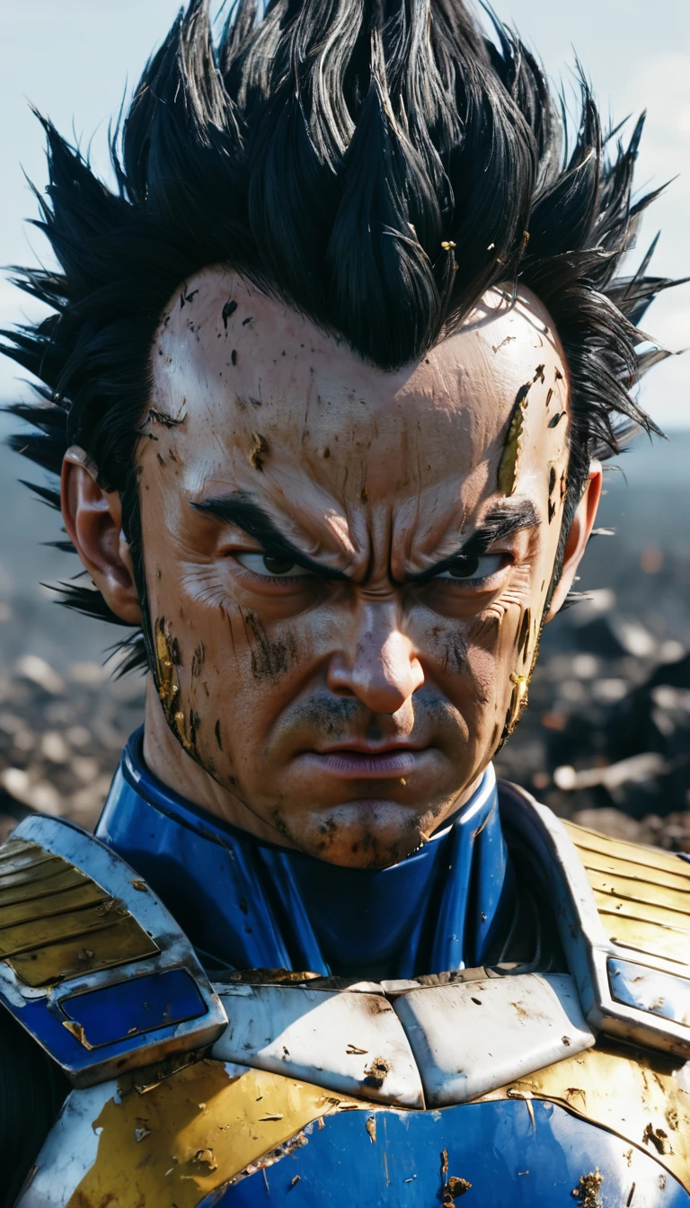 super pissed vegeta, devastated land, apocalypse, explosion, (ultra realistic), 8k, (Exceptional quality), il détruit le monde, (portrait de face)