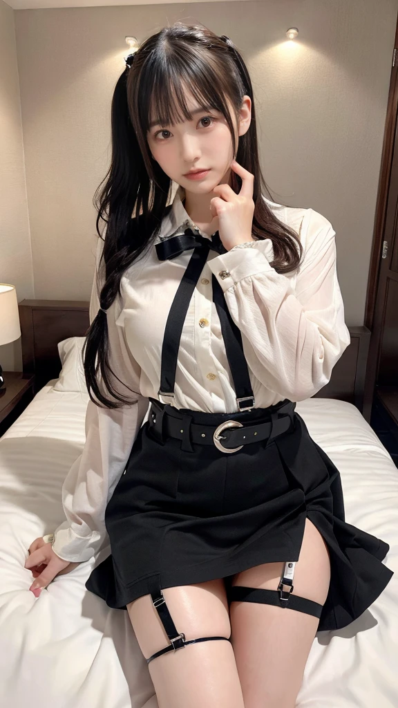 muste piece, best quality, illustration, Super detailed, fine details, High resolution, 8K,wall paper, perfect dynamic composition,(Details High quality, realistic depiction of eyes:1.3), (Fashionable, a belt black suspenders, Aside Cutter Shirt, a miniskirt, garterbelts), ponytail, Lying down, large breasts, black hair color, Big Natural Color Lip, bold sexy pose, crying a little、cold gaze, Harajuku style、20 year old girl、cute type、ta、beautiful legs, hotel room, hposing Gravure Idol