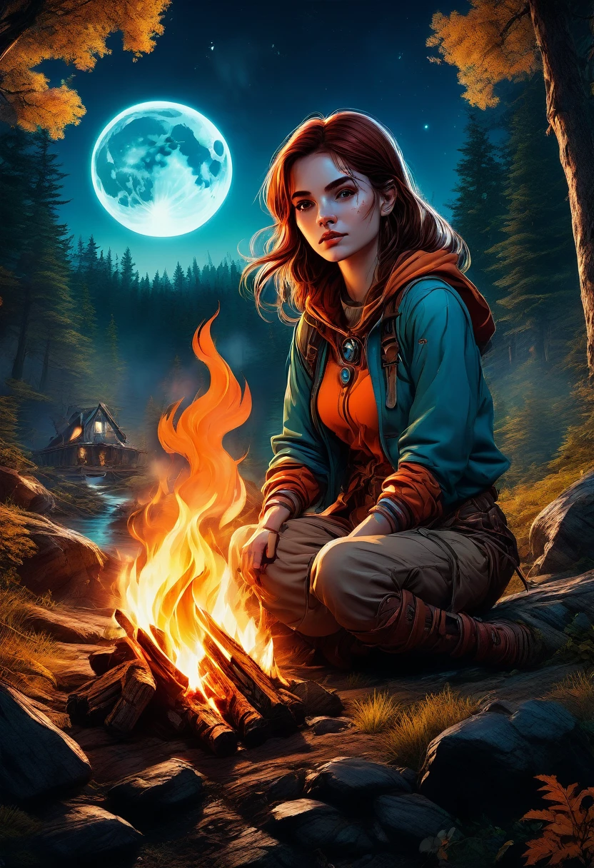 1girl, Campfire, aesthetic, Camping under a double moon, detailed matte painting, deep color, fantastical, intricate detail, splash screen, complementary colors, fantasy concept art, 8k resolution trending on Artstation Unreal Engine 5